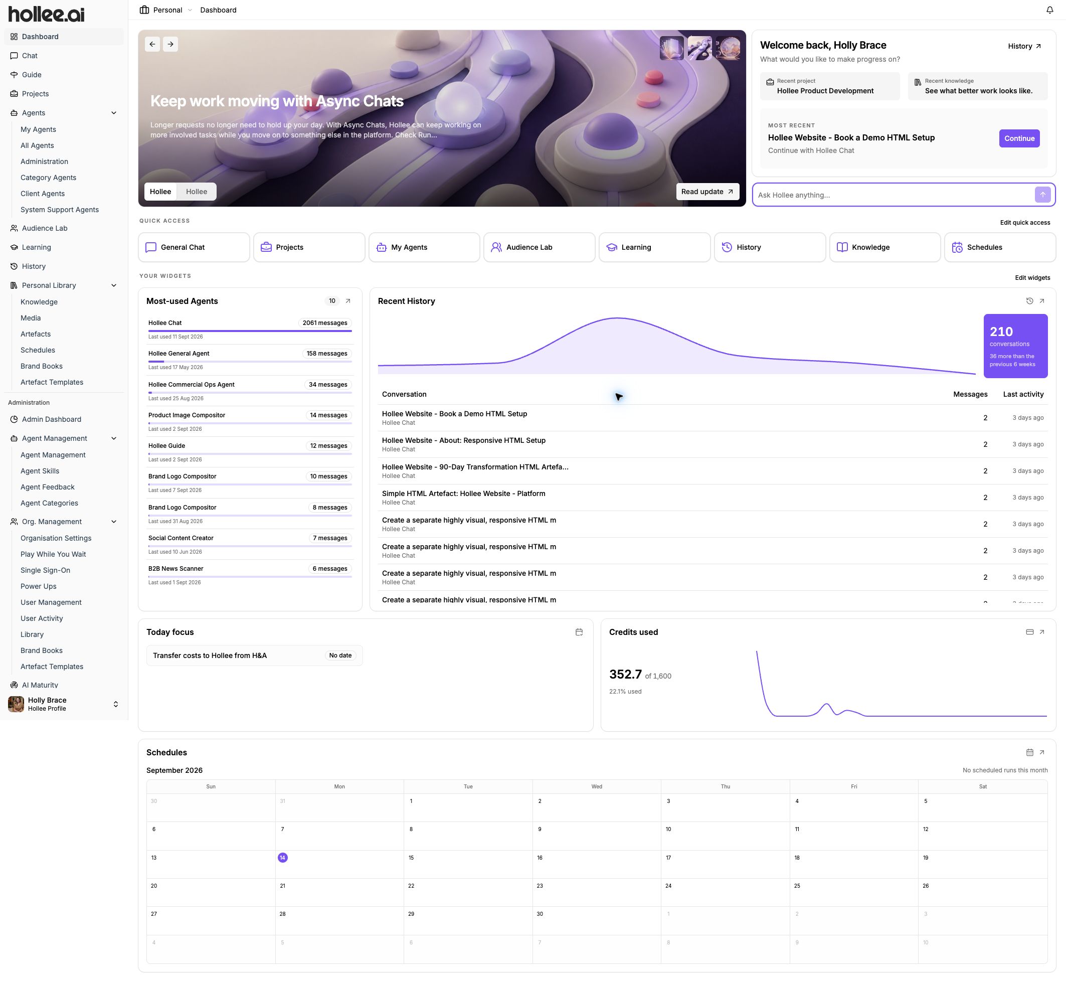 Hollee personal dashboard with news, chat, quick access and activity widgets