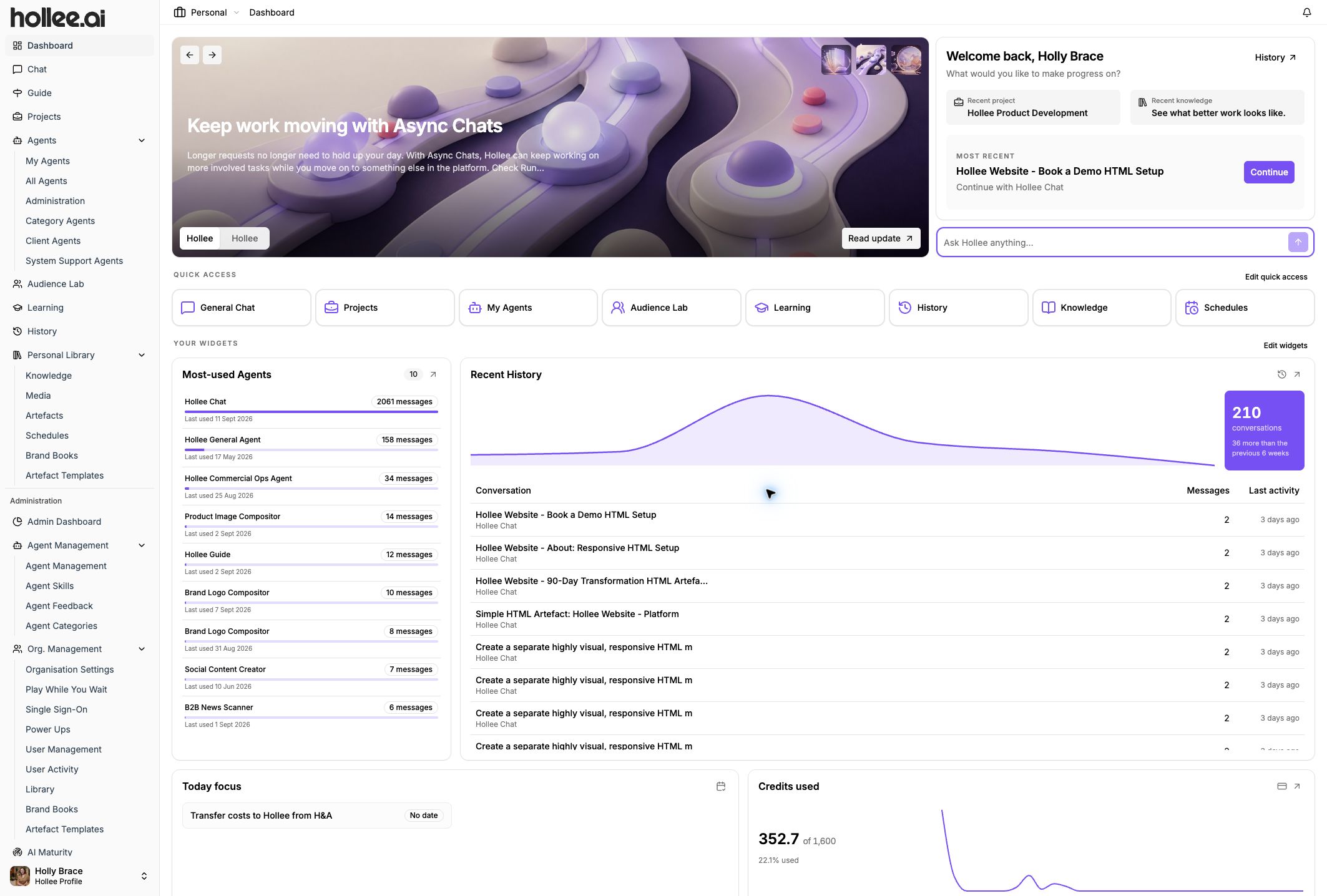 Hollee personal dashboard with news, chat, quick access and activity widgets